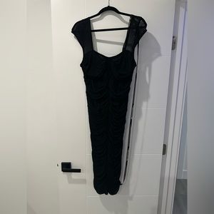 Pretty Little Thing black mesh rushed bodycon dress. NWT. Size 12.